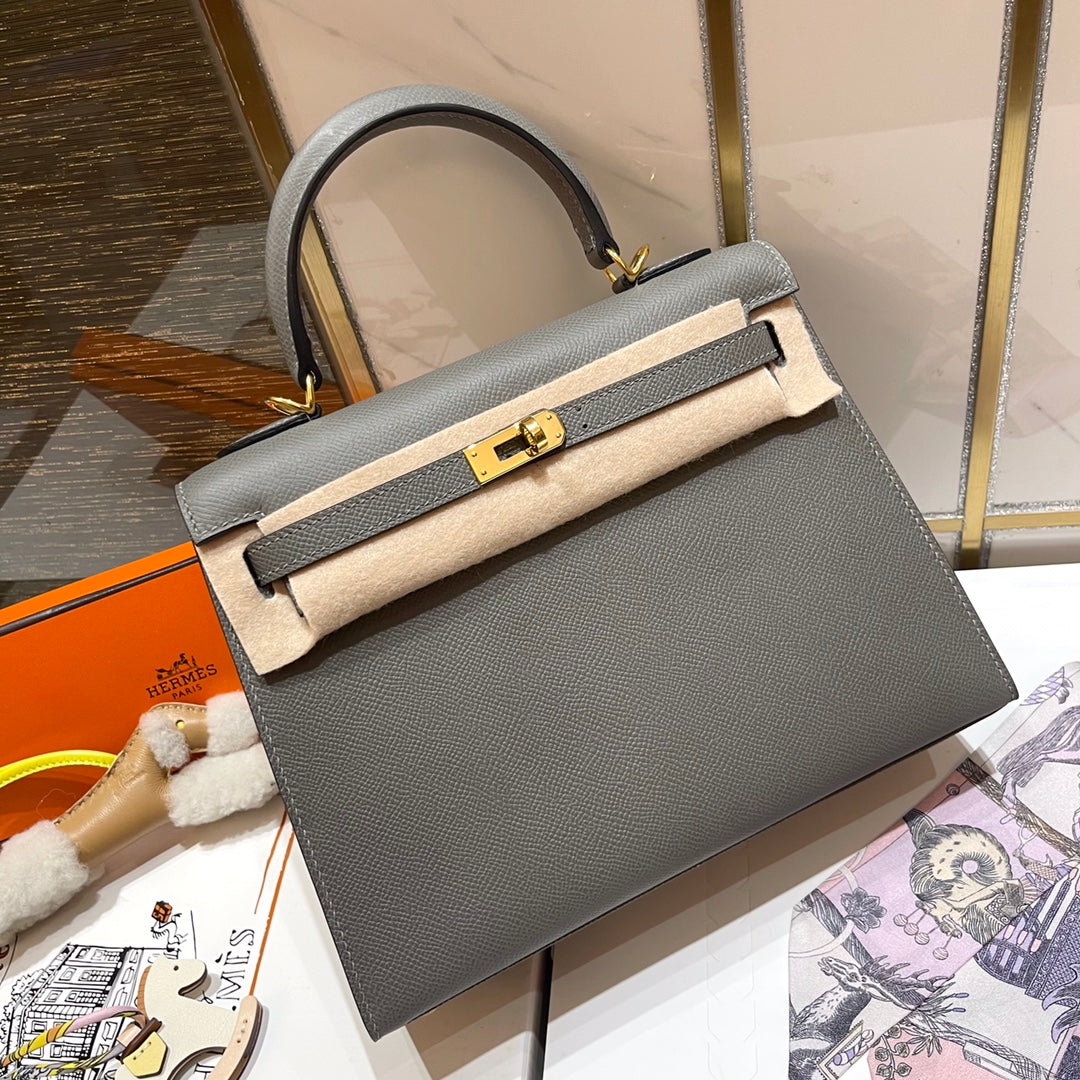 Hermes Kelly 25cm Gris Mouette Epsom Leather Gold Hardware Bag
