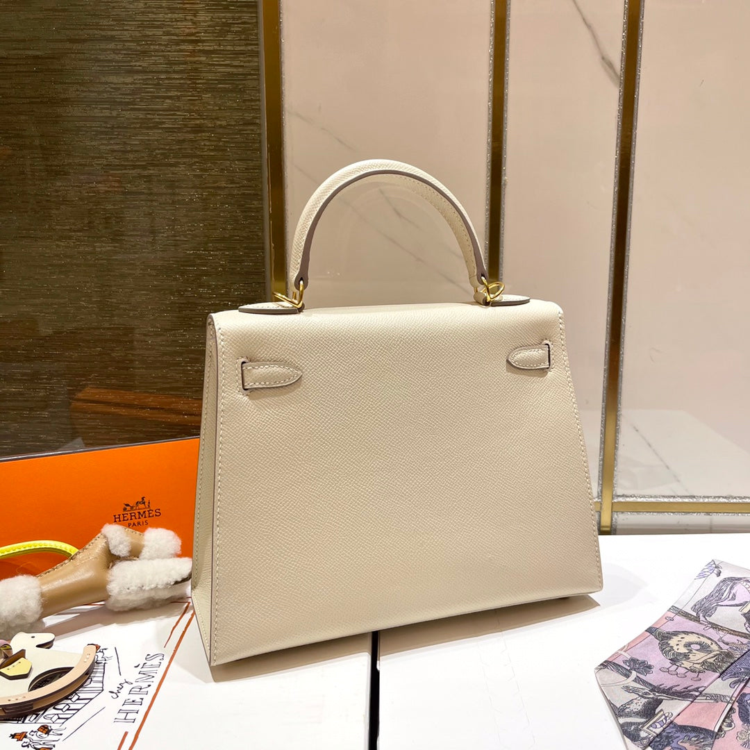 Hermes Kelly 25cm White Epsom Leather Gold Hardware Bag