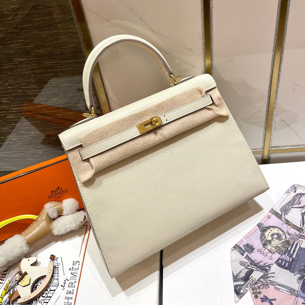 Hermes Kelly 25cm White Epsom Leather Gold Hardware Bag