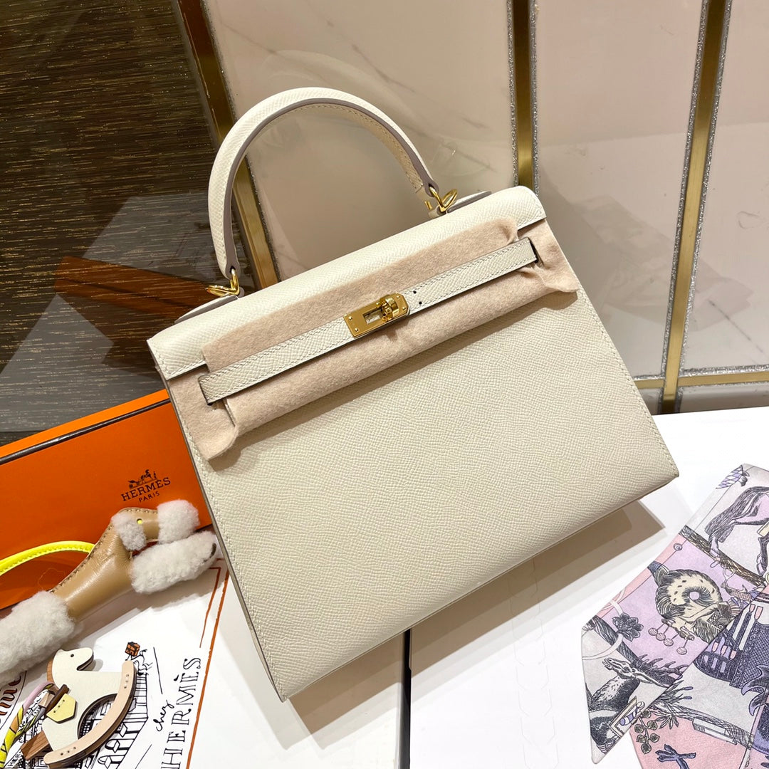 Hermes Kelly 25cm White Epsom Leather Gold Hardware Bag