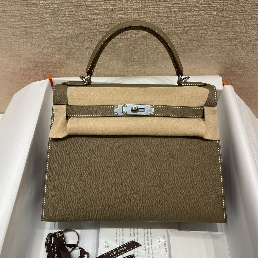 Hermes Kelly 28cm Etoupe Epsom Leather Silver Hardware Bag