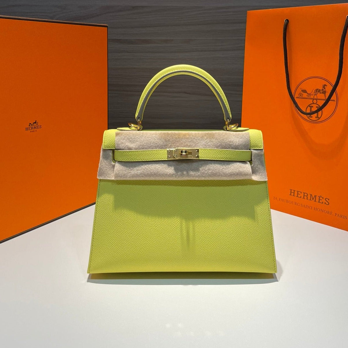 Hermes Kelly 25cm Lime Epsom Leather Gold Hardware Bag