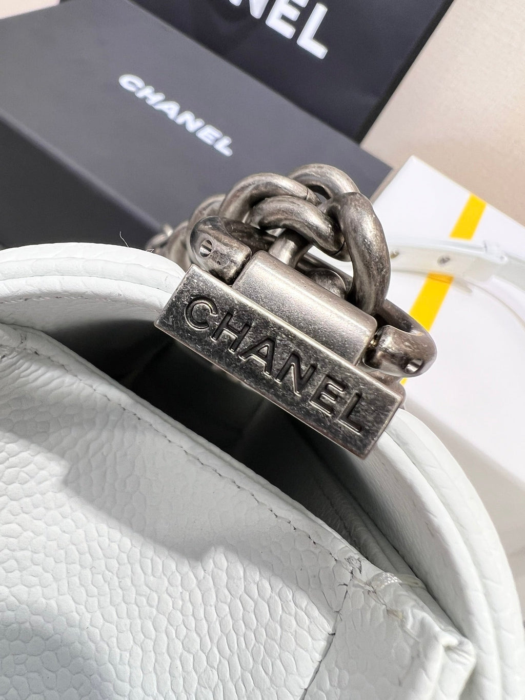 Chanel Boy Bag Medium 25 White Caviar Ruthenium Hardware