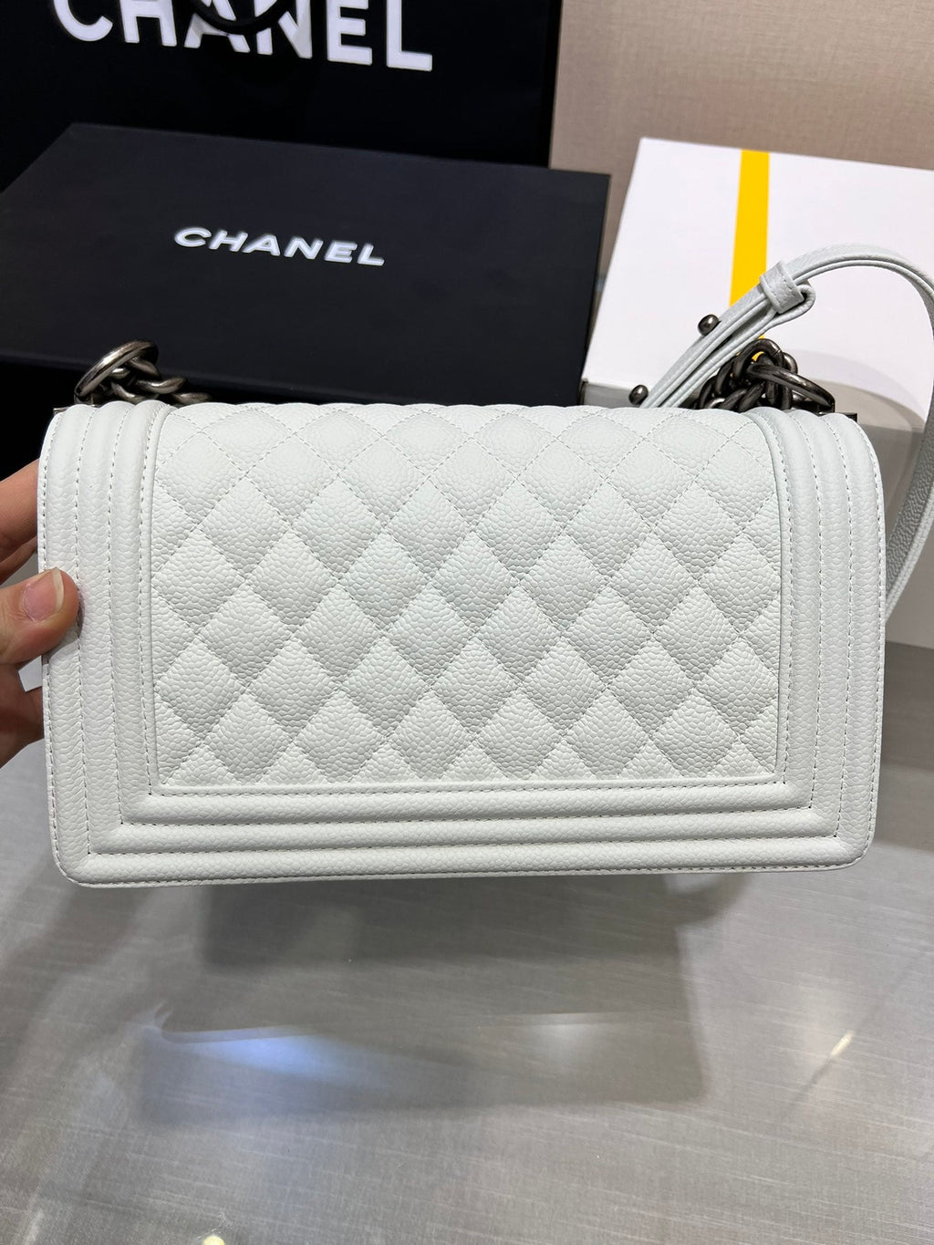 Chanel Boy Bag Medium 25 White Caviar Ruthenium Hardware