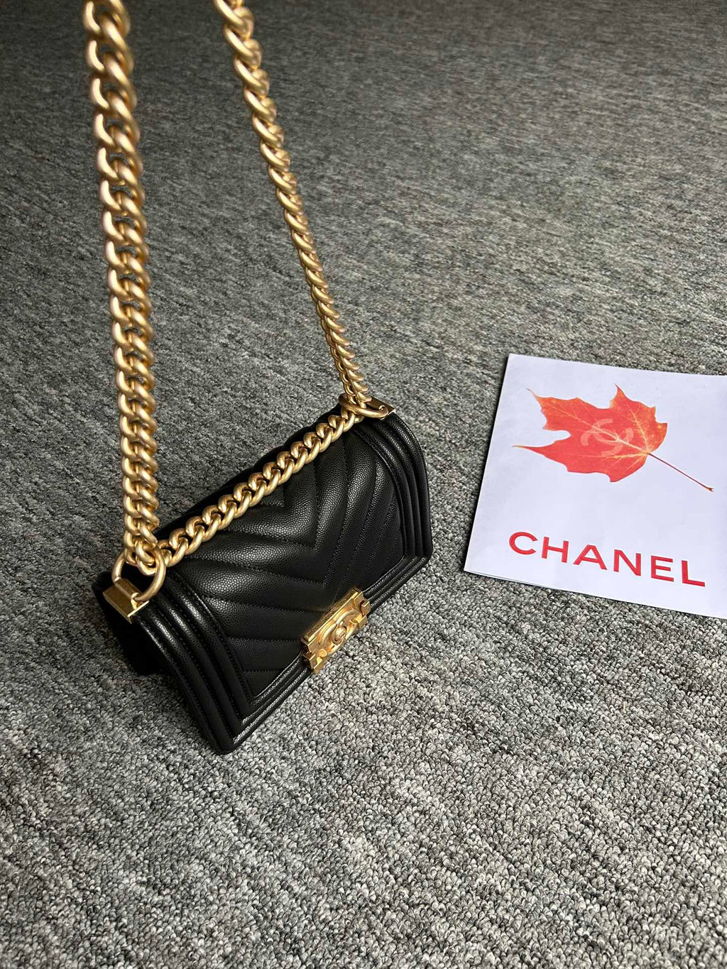 Chanel Boy Bag Small 20 Black Chevron Caviar Gold Hardware