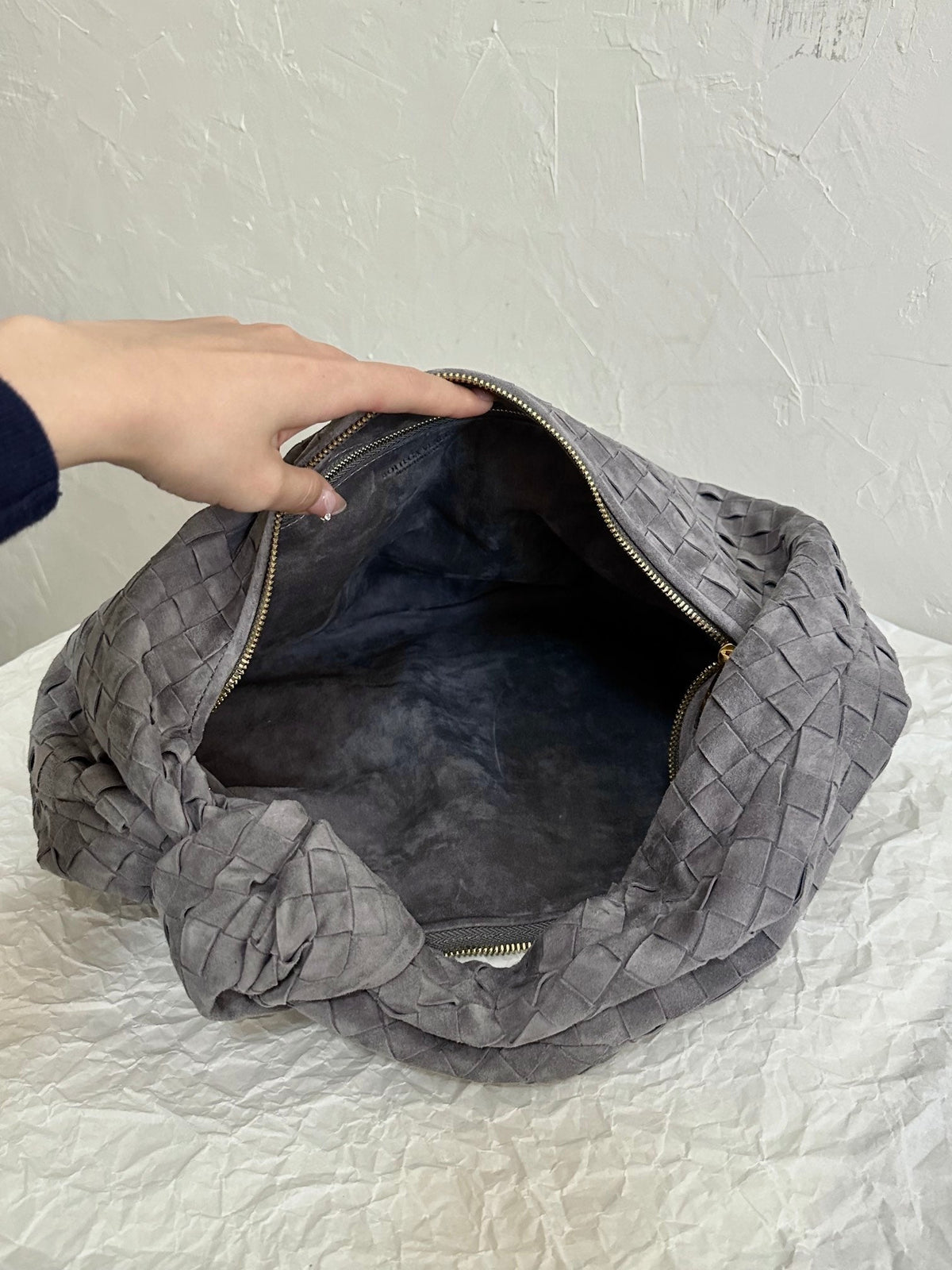 Bottega Veneta Small Jodie 48cm Grey Suede Leather Bag