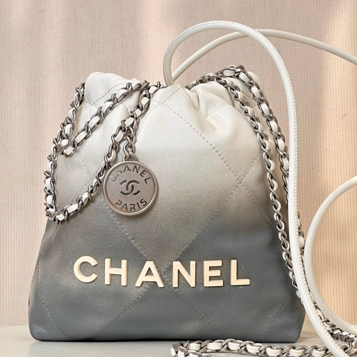 Chanel Hobo Mini 20cm White Grey Lambskin Silver Hardware