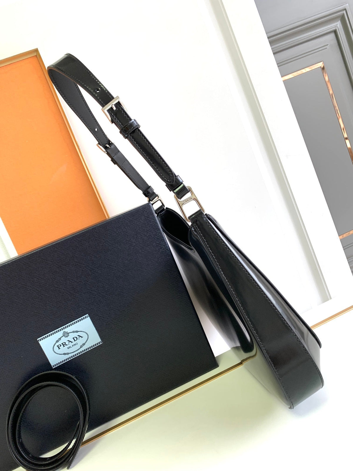 Prada Cleo 30 Black Brushed Leather Shoulder Bag