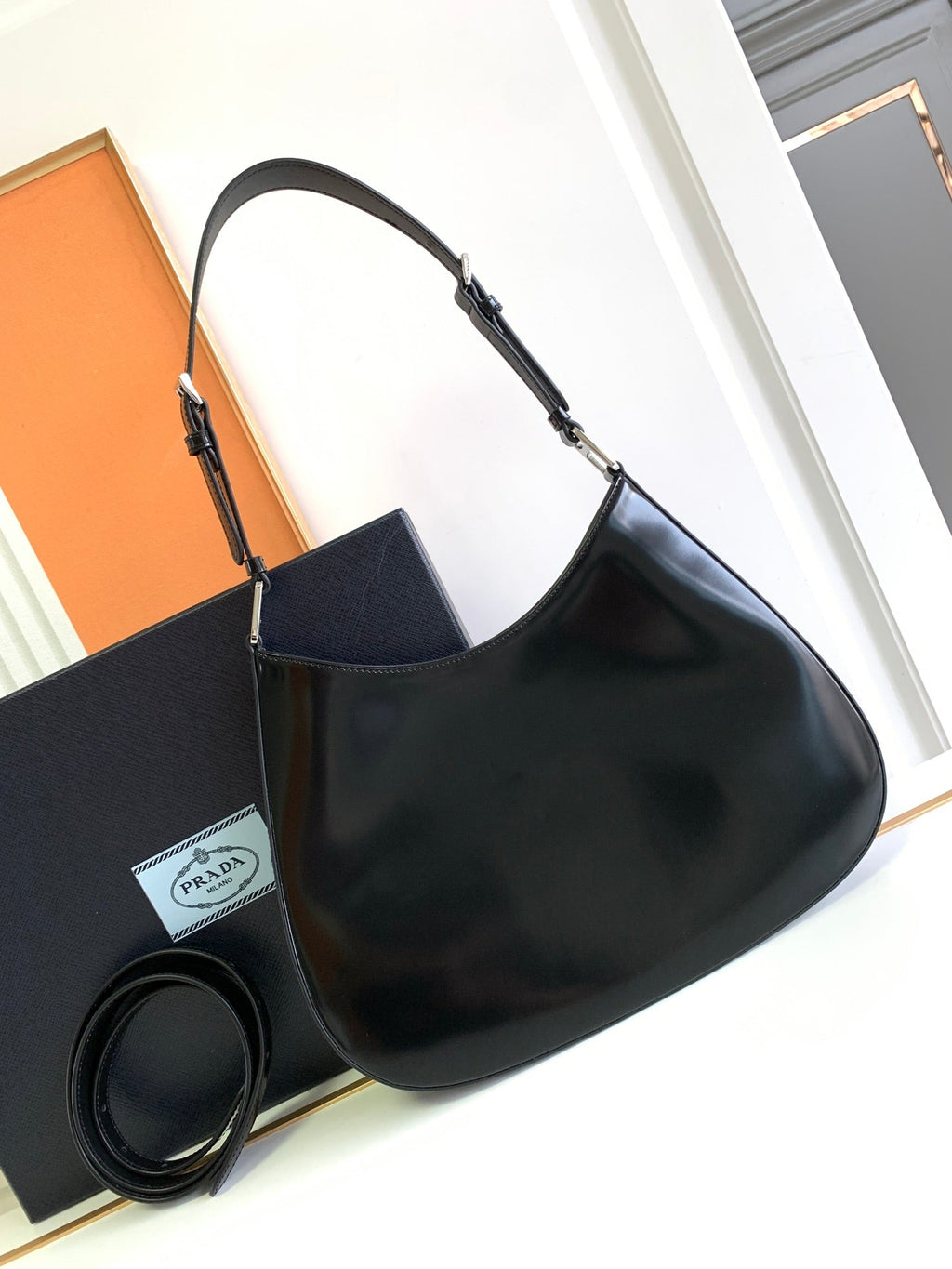 Prada Cleo 30 Black Brushed Leather Shoulder Bag