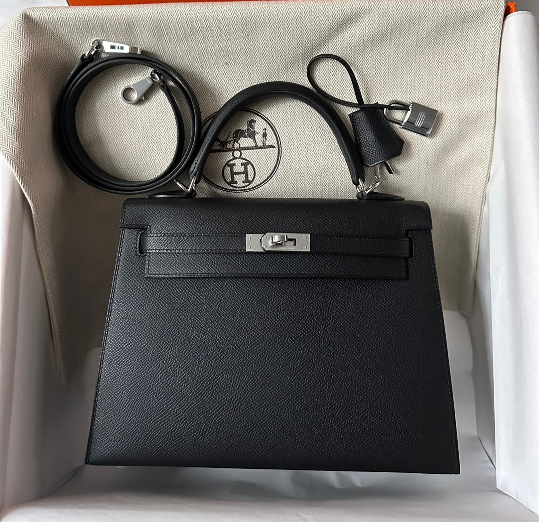 Hermes Kelly 25cm Black Epsom Silver Hardware Bag