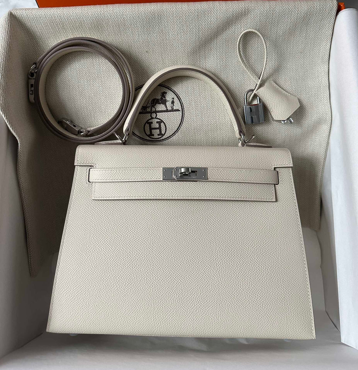 Hermes Kelly 25cm White Epsom Silver Hardware Bag