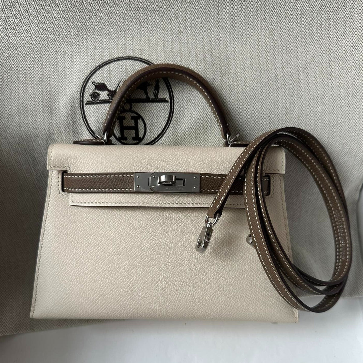 Hermes Kelly Mini 20 White Etain Epsom Silver Hardware Bag