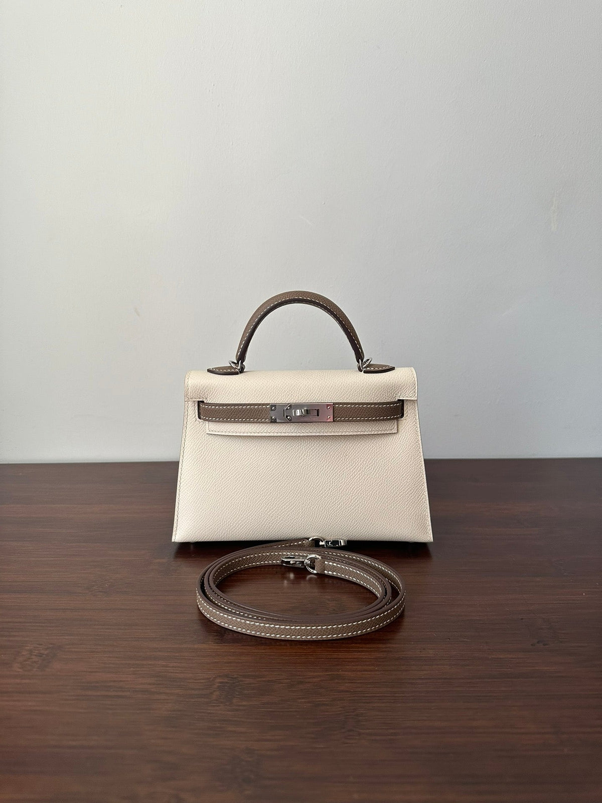 Hermes Kelly Mini 20 White Etain Epsom Silver Hardware Bag