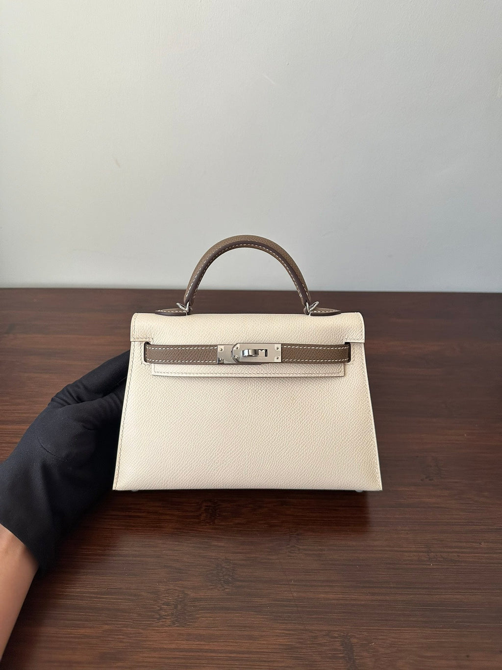 Hermes Kelly Mini 20 White Etain Epsom Silver Hardware Bag