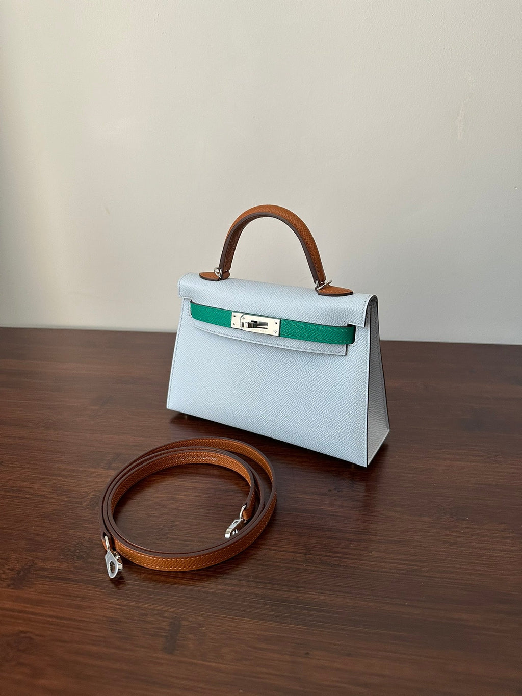Hermes Kelly Mini 20 Cloud Blue Epsom Silver Hardware Bag