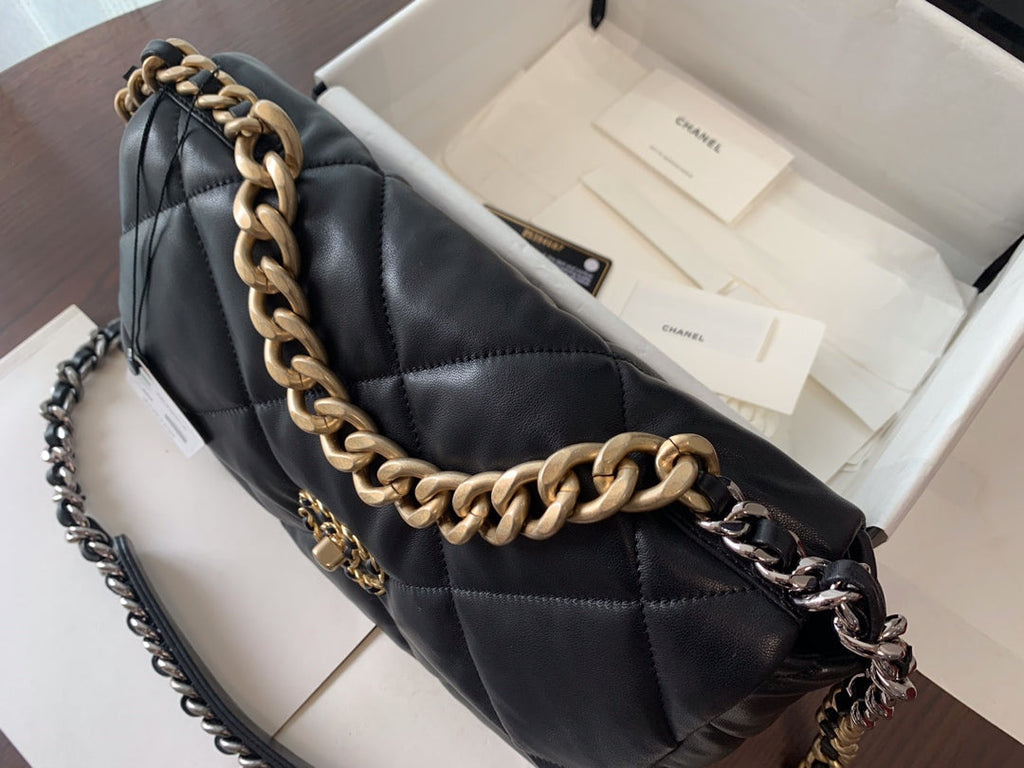 Chanel 19 Flap Bag 30 Black Goatskin Gold Hardware