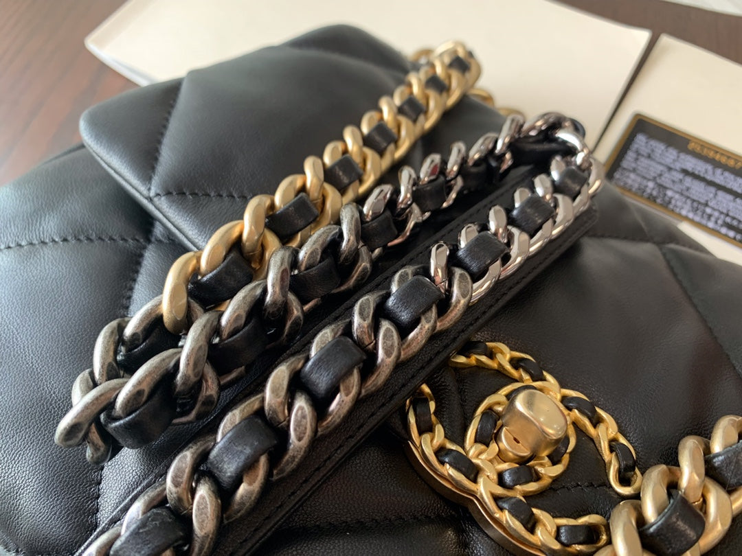 Chanel 19 Flap Bag 30 Black Goatskin Gold Hardware