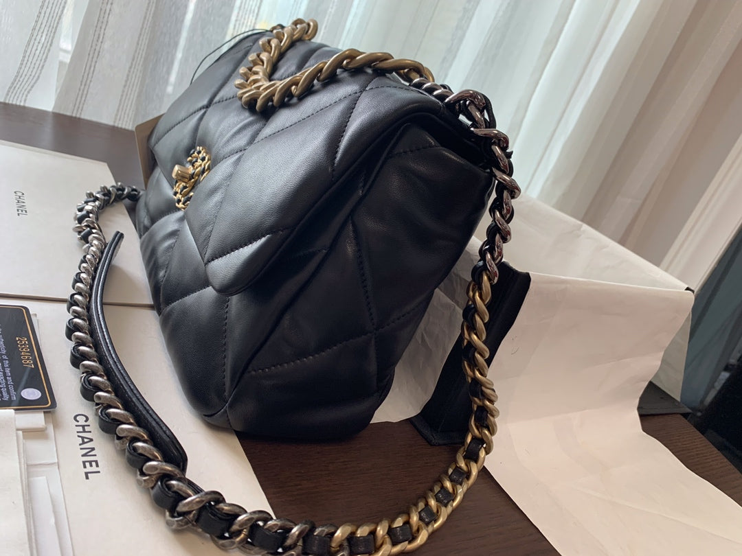 Chanel 19 Flap Bag 30 Black Goatskin Gold Hardware