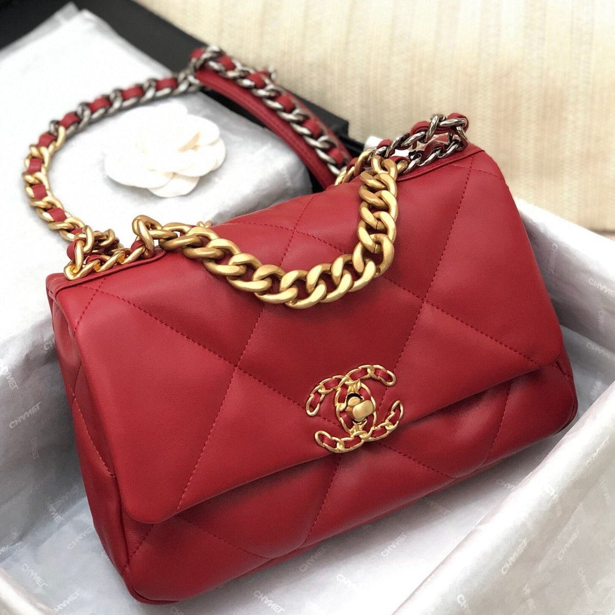 Chanel 19 Flap Bag 26 Red Lambskin Gold Hardware
