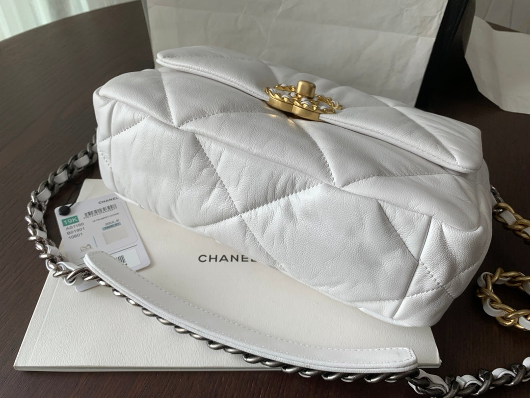 Chanel 19 Flap Bag 30 White Goatskin