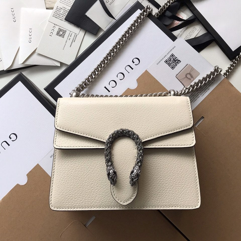Gucci Dyonysus Shoulder Bag 20 in White Calfskin Silver Hardware