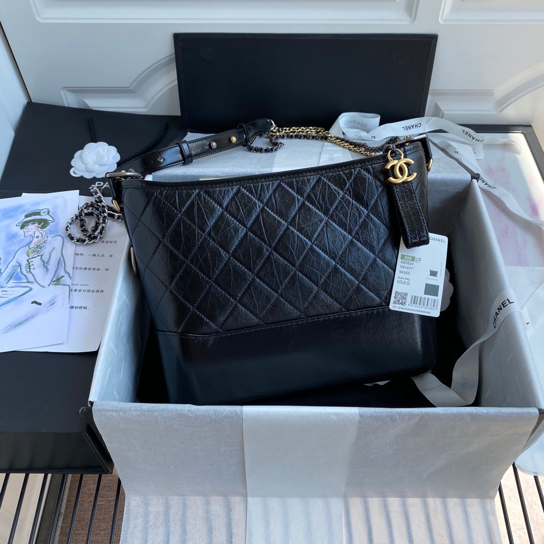 Chanel Gabrielle Medium 28 Hobo Bag in Black Calfskin