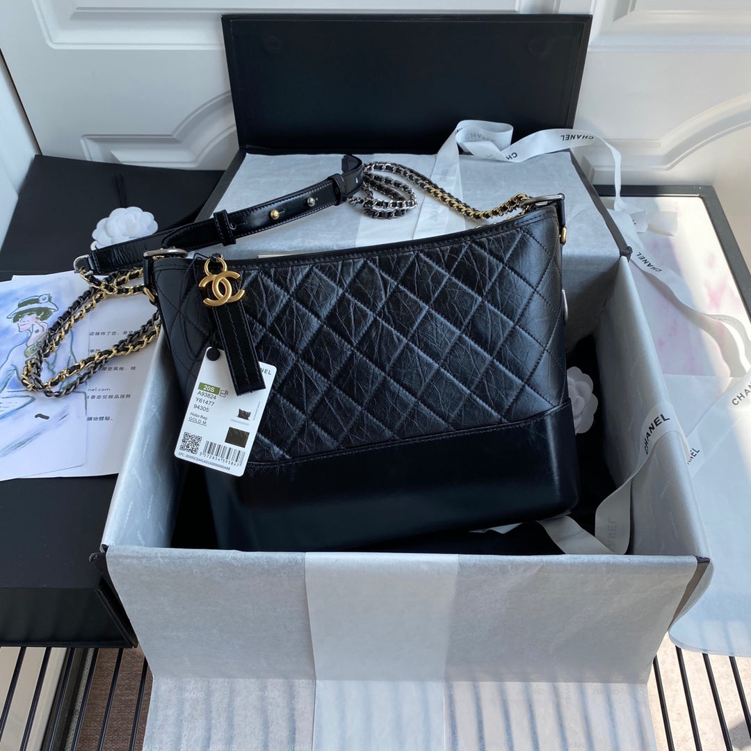 Chanel Gabrielle Medium 28 Hobo Bag in Black Calfskin