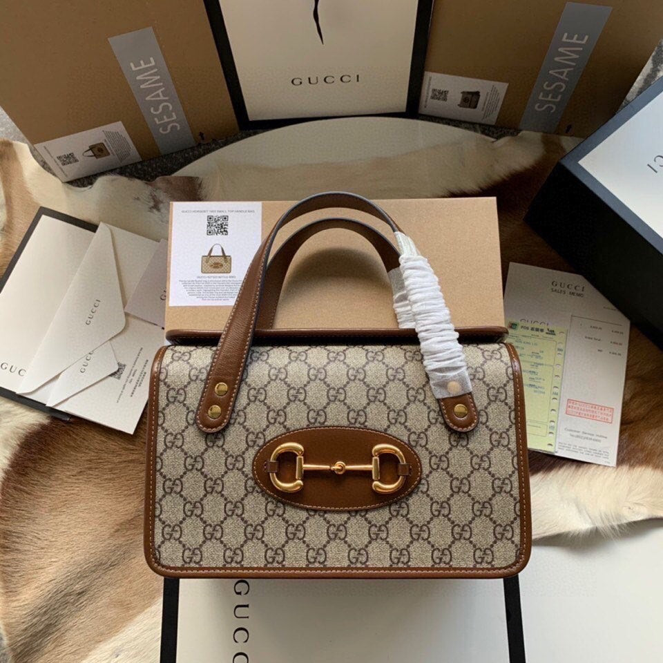 Gucci Horsebit 1955 Small 27 Bag in Beige Canvas and Brown Calfskin