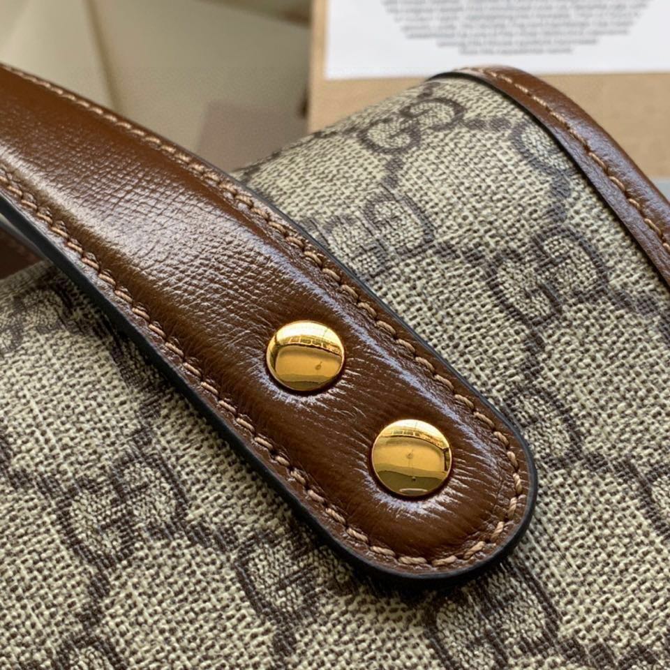 Gucci Horsebit 1955 Small 27 Bag in Beige Canvas and Brown Calfskin