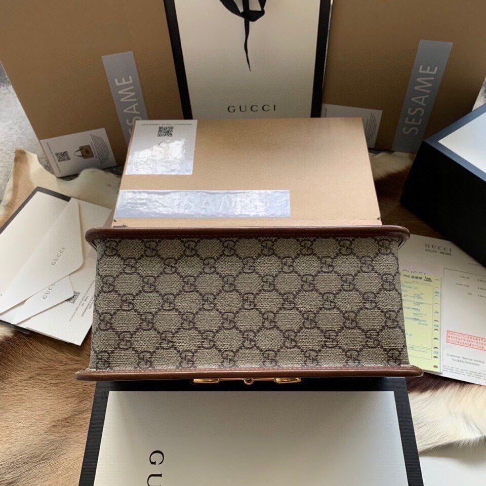 Gucci Horsebit 1955 Small 27 Bag in Beige Canvas and Brown Calfskin