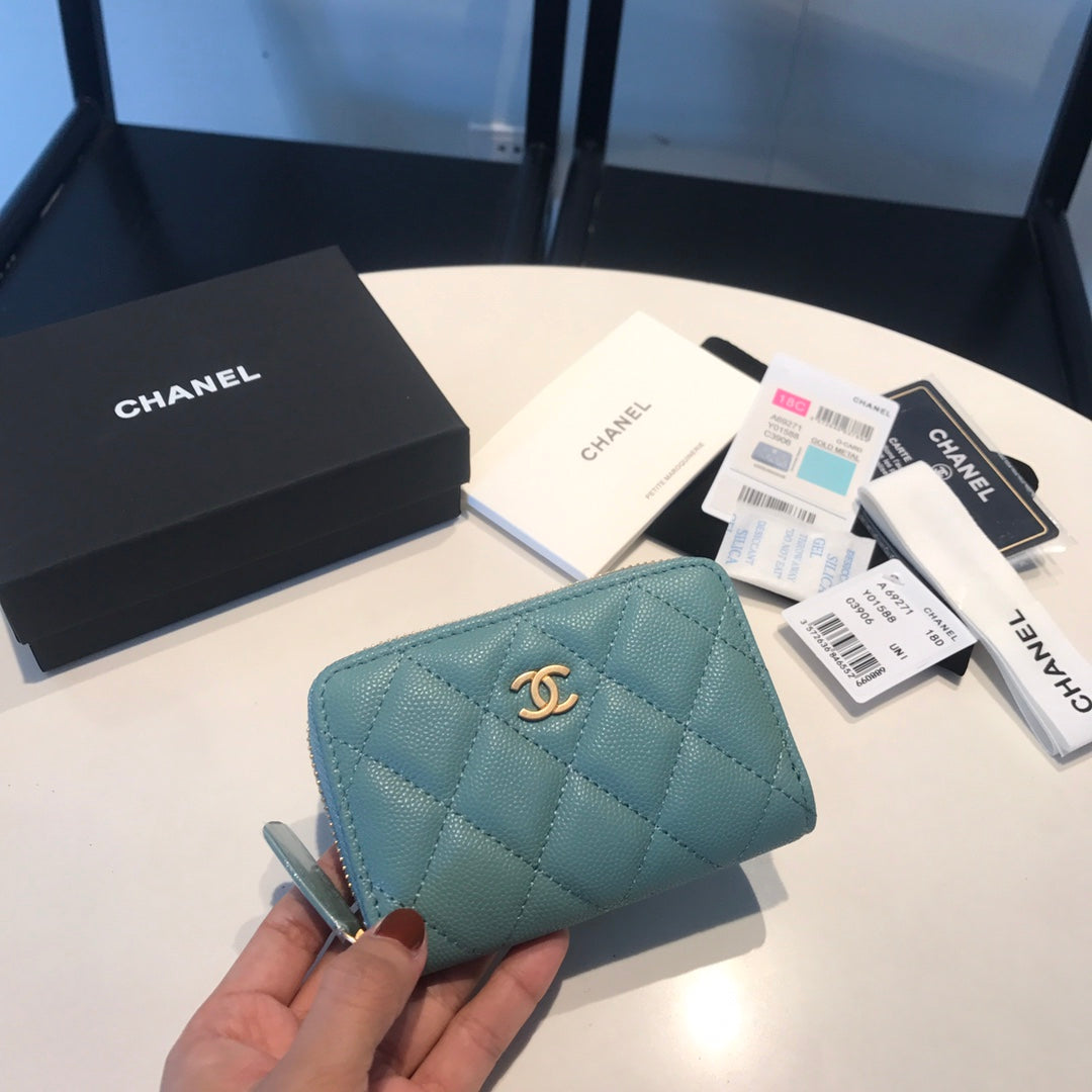 Chanel Zipped Coin Basic Purse 11 Teal Calfskin Gold Icon