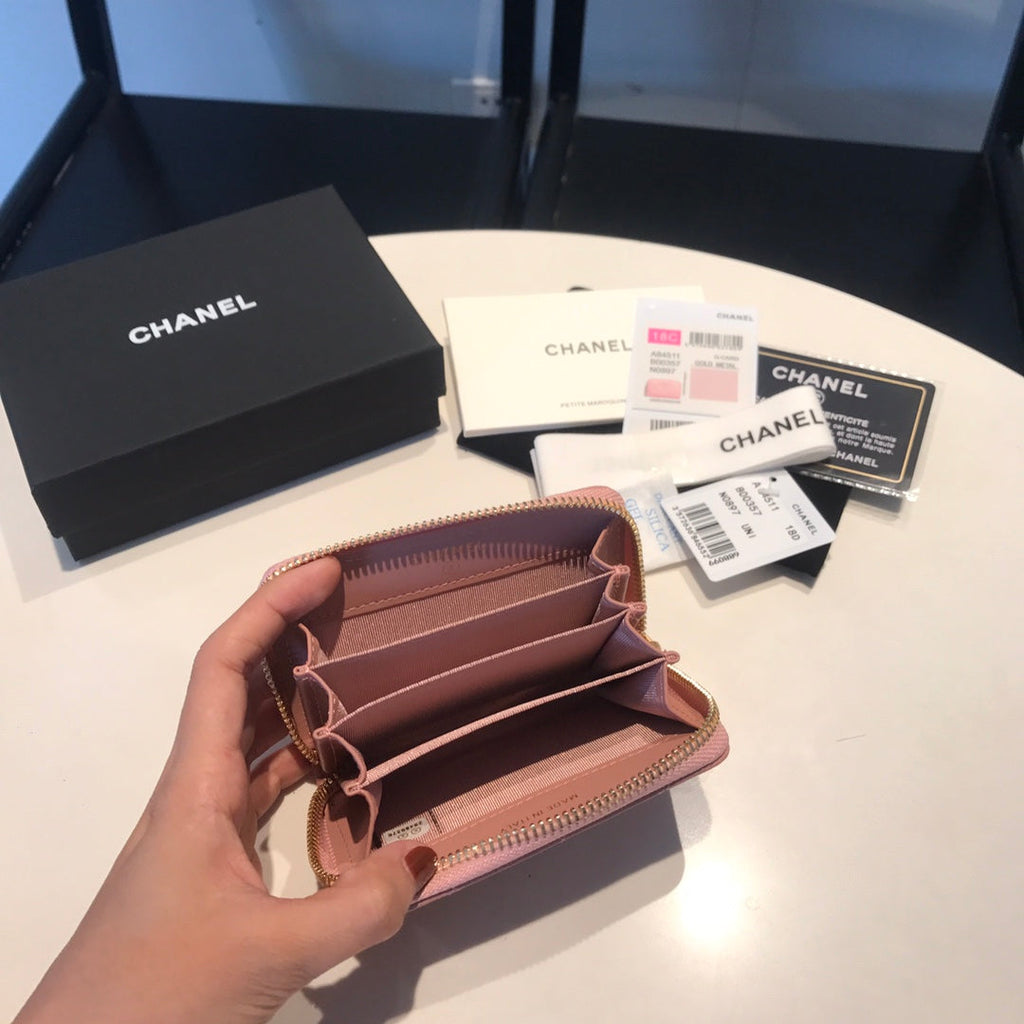 Chanel Zipped Caviar Purse 11 Peach Calfskin Gold Icon