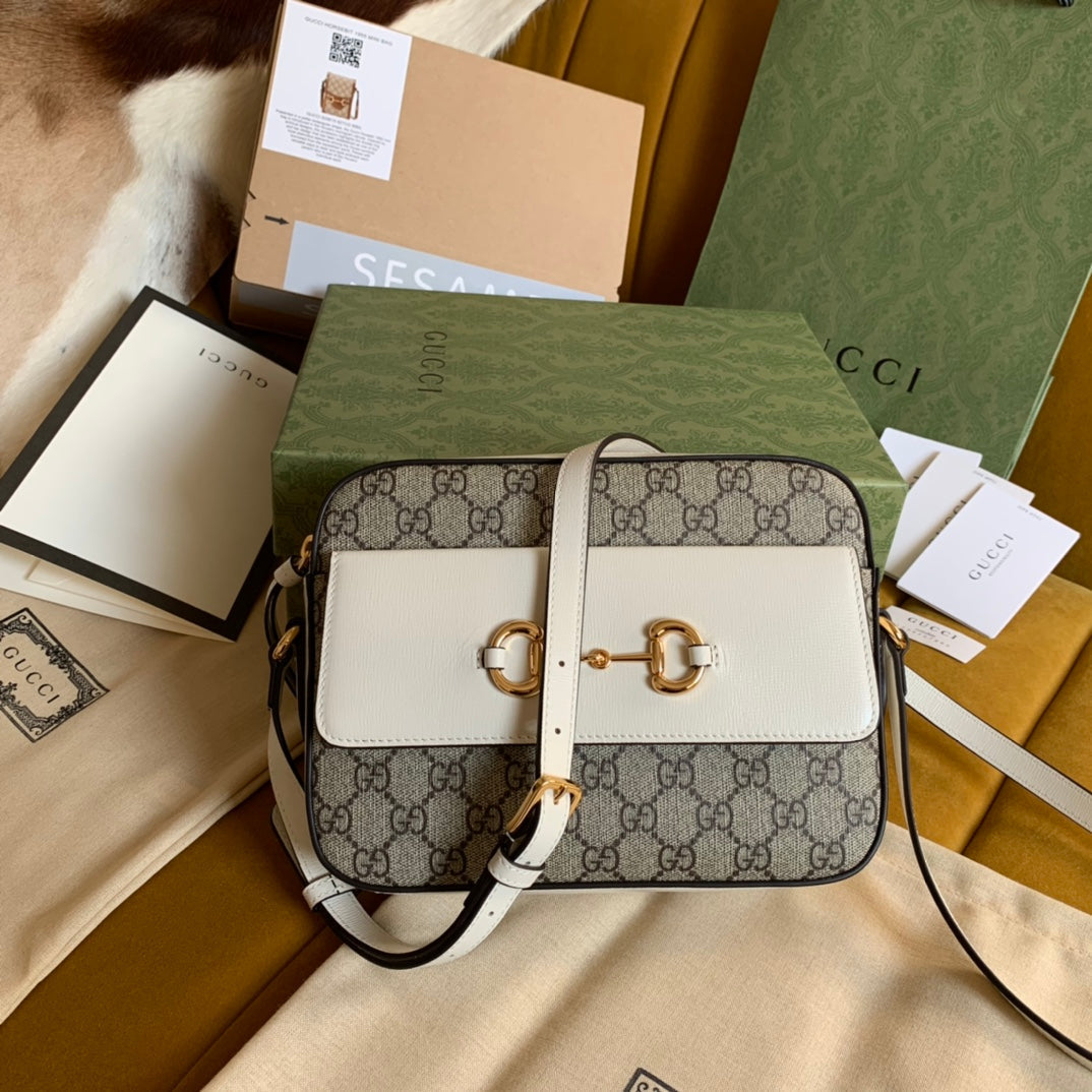 Gucci Horsebit 1955 Handbag 22 Brown Canvas and White Calfskin
