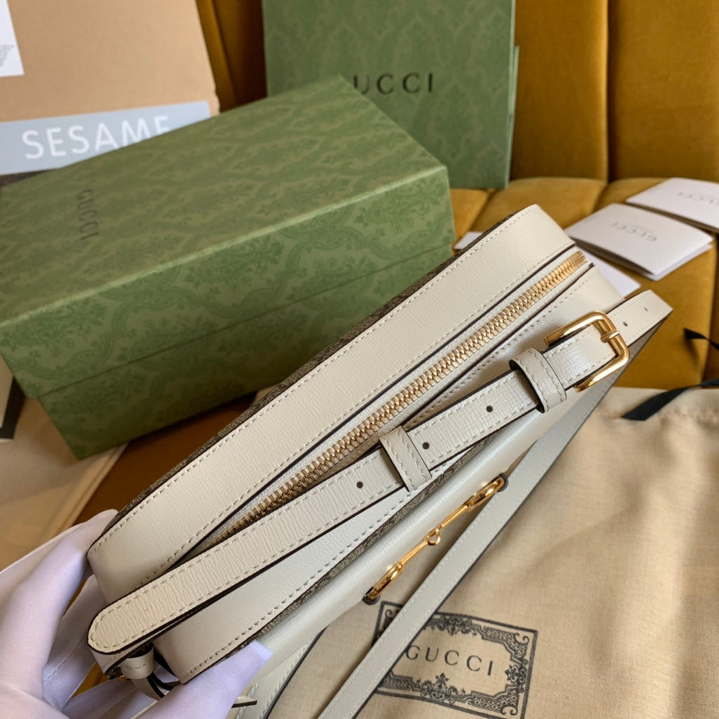 Gucci Horsebit 1955 Handbag 22 Brown Canvas and White Calfskin