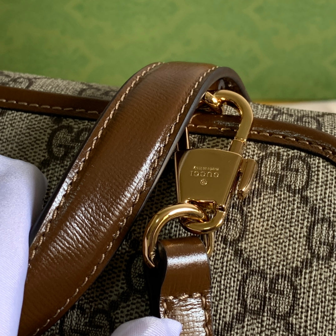 Gucci Horsebit 1955 Mini 23 Bag in Beige Canvas and Brown Calfskin