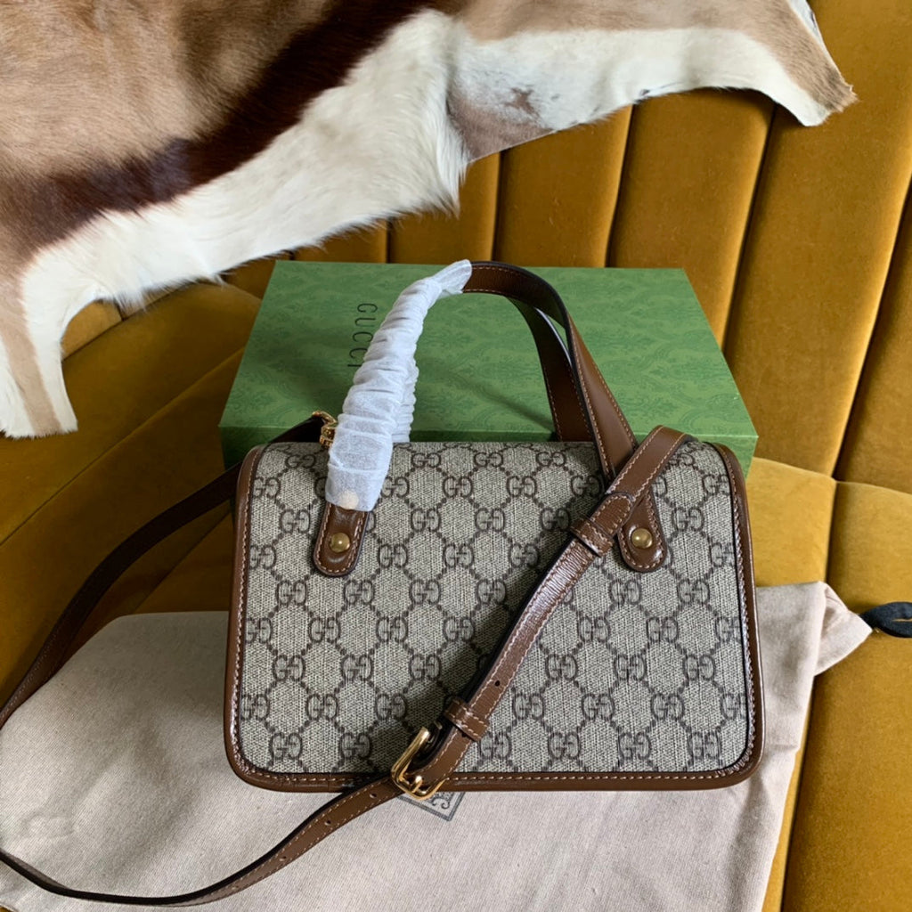 Gucci Horsebit 1955 Mini 23 Bag in Beige Canvas and Brown Calfskin