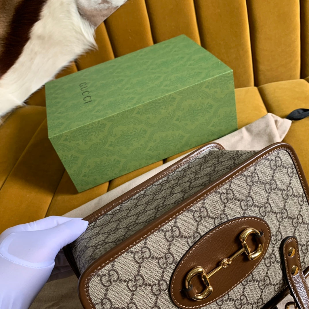 Gucci Horsebit 1955 Mini 23 Bag in Beige Canvas and Brown Calfskin
