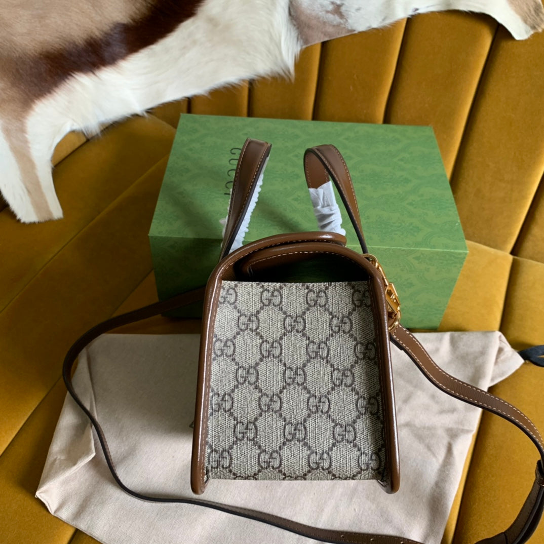 Gucci Horsebit 1955 Mini 23 Bag in Beige Canvas and Brown Calfskin