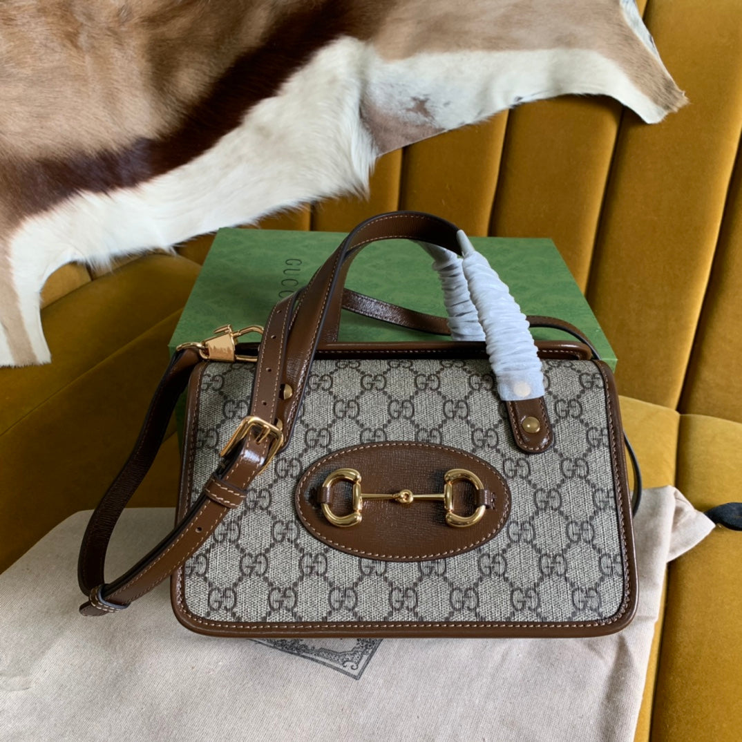 Gucci Horsebit 1955 Mini 23 Bag in Beige Canvas and Brown Calfskin