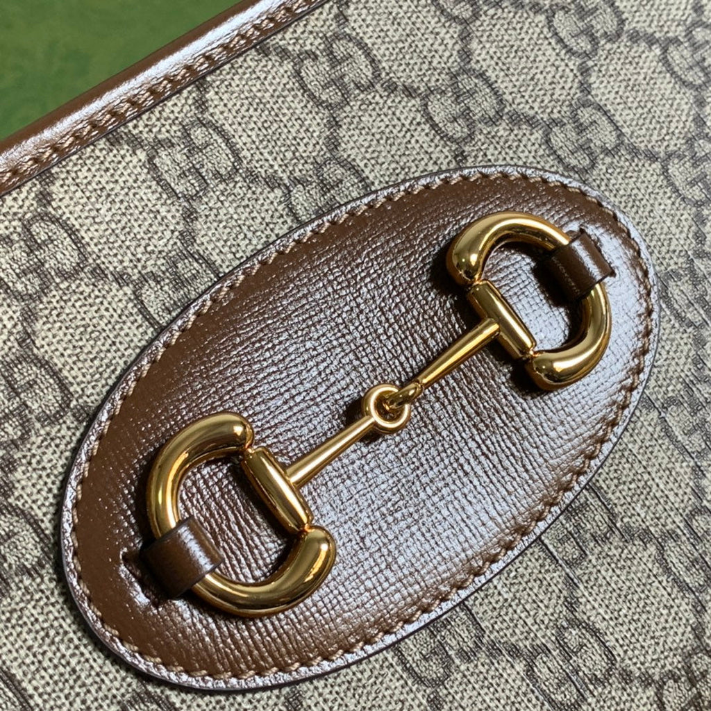 Gucci Horsebit 1955 Mini 23 Bag in Beige Canvas and Brown Calfskin