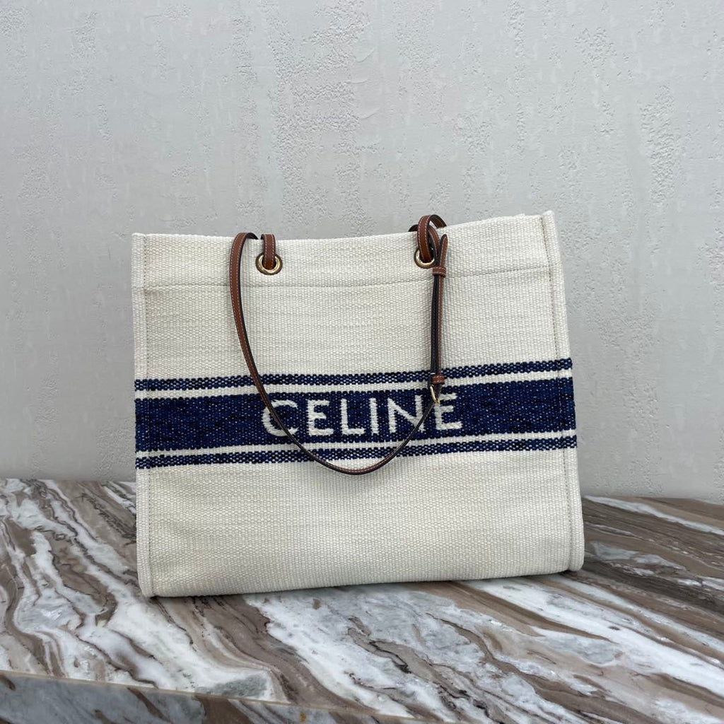 Celine Canvas Tote 43 White/Navy Blue Denim