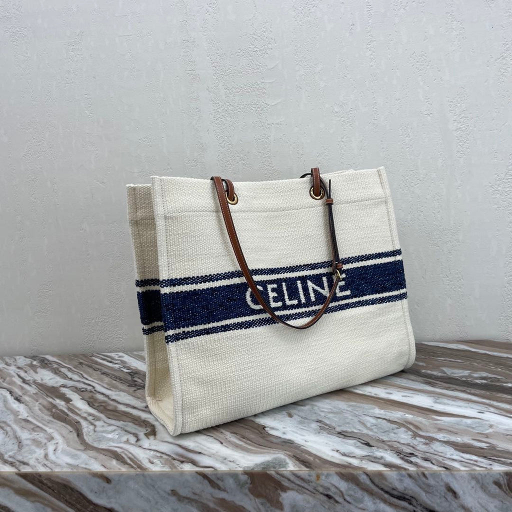Celine Canvas Tote 43 White/Navy Blue Denim