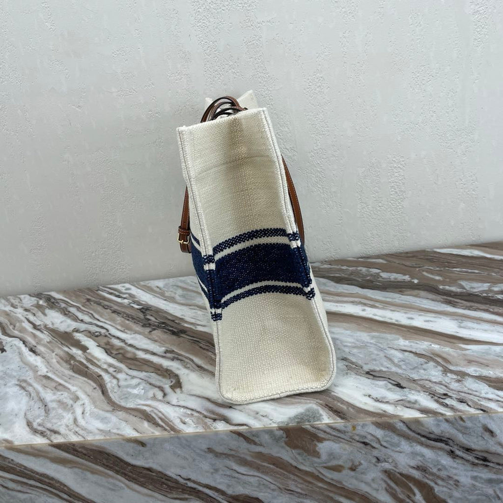 Celine Canvas Tote 43 White/Navy Blue Denim
