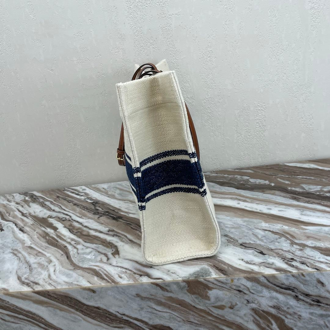 Celine Canvas Tote 43 White/Navy Blue Denim