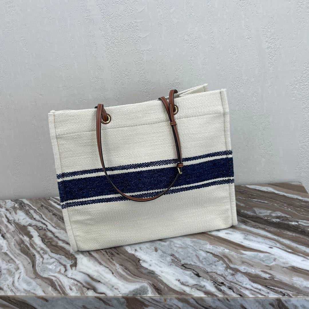 Celine Canvas Tote 43 White/Navy Blue Denim