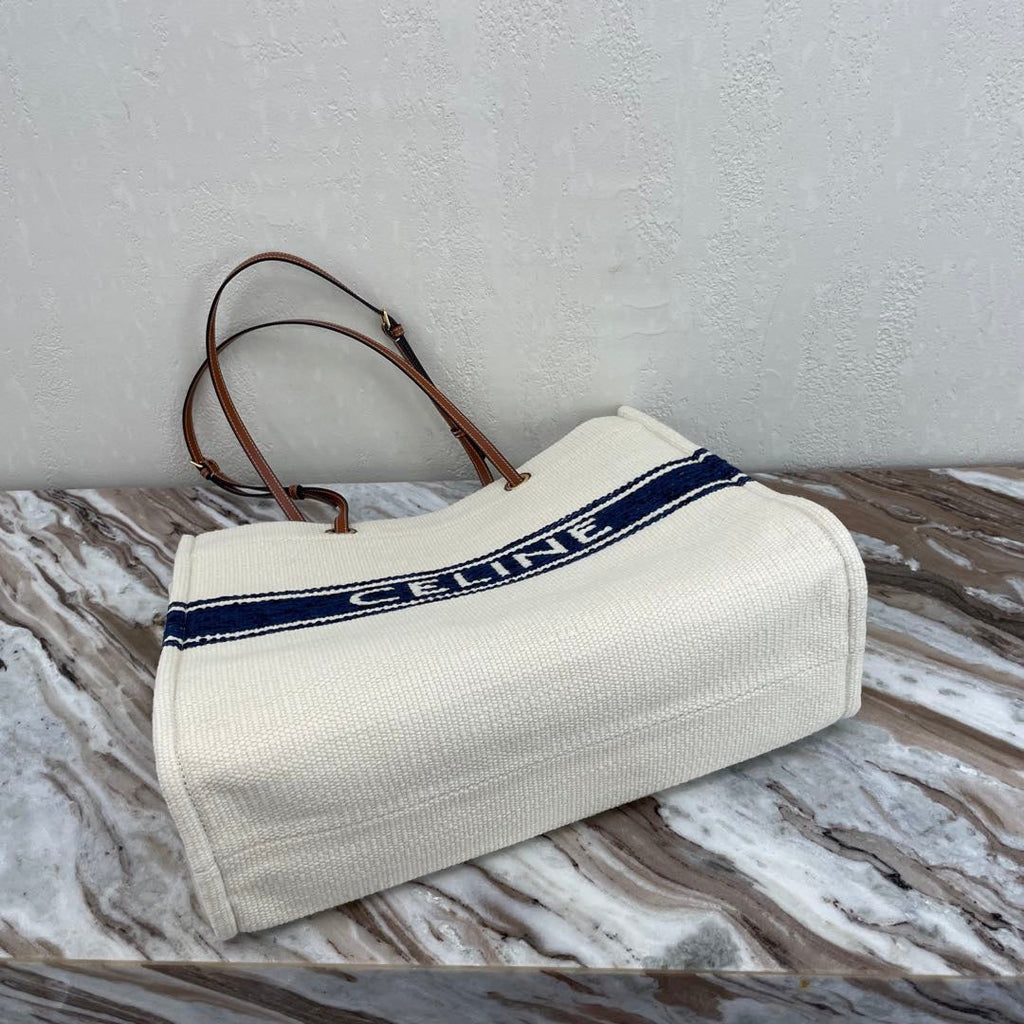 Celine Canvas Tote 43 White/Navy Blue Denim