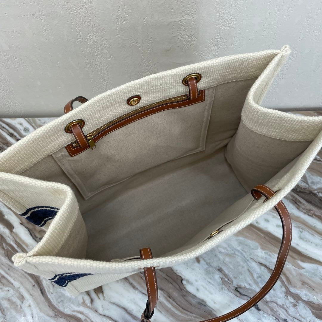 Celine Canvas Tote 43 White/Navy Blue Denim