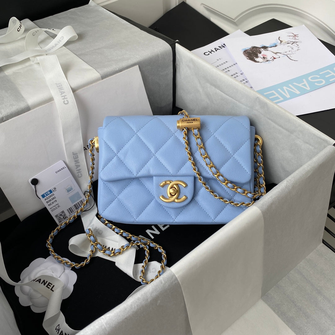 Chanel 25S Classic Flap 19 cm in Pastel Blue Caviar Leather with Gold Hardware Bag