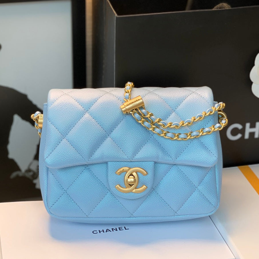 Chanel 25S Classic Flap 19 cm in Light Blue Caviar Leather with Gold Hardware Bag