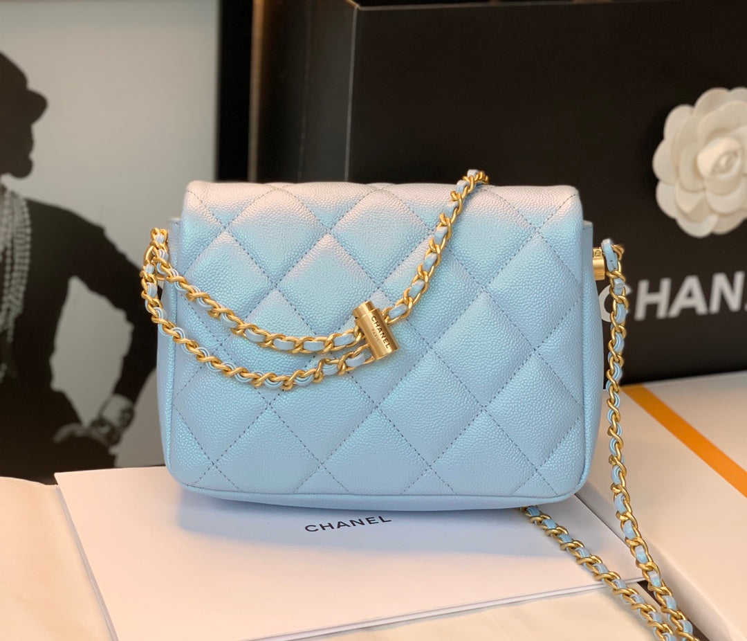 Chanel 25S Classic Flap 19 cm in Light Blue Caviar Leather with Gold Hardware Bag